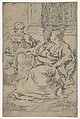 The Holy Family seated together in front of a collonade, Saint Joseph reading and the young Christ grasping the Virgin's drapery, Guido Reni  Italian, Etching