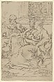 The Holy Family seated together in front of a collonade, Saint Joseph reading and the young Christ grasping the Virgin's drapery, Guido Reni  Italian, Etching