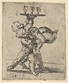 Two naked boys carrying a third who supports a tray with three goblets, Anonymous, 17th century, Etching