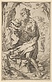 Saint Jerome kneeling on a rock in front of a cross and an open book facing left, Anonymous, 17th century, Etching
