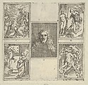 Five numbered scenes, each after a painter in the Accademia Degl'Incamminati, from IL FUNERALE D'AGOSTINO CARRACCIO FATTO IN BOLOGNA SUA PATRIA DAGL'INCAMINATI Academici del Disegno: 1. Painting and Poetry mourning the death of Agostino Carracci, painted by Francesco Brizio; 2. Painting with a lyre and Apollo pointing to stars on Carracci's grave, design by Giacomo Cavedone; 3. The head of Christ, painted by Agostino Carracci; 4. Prometheus with a torch and Athena behind him, painted by Alessandro Albini; 5. Aurora abducting Cephalus, painted by Leonello Spada., Guido Reni  Italian, Etching