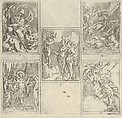 Five numbered scenes, each after a painter in the Accademia Degl'Incamminati, from IL FUNERALE D'AGOSTINO CARRACCIO FATTO IN BOLOGNA SUA PATRIA DAGL'INCAMINATI Academici del Disegno: 1. Virtue vanquishing Envy and Fortune, painted by Giulio Cesare Parigino; 2. Apollo and the Muses at the tomb of Agostino Carracci, painted by Luigi Valesio; 3. Mercury pointing to a constellation with the personification of Painting and that of the city of Bologna, Felsina, painted by Aurelio Benelli; 4. Personification of Painting being comforted by Poetry, and the personification of a river at right, painted by Lodovico Carracci; 5. Allegory of Knowledge and Vigilance chasing Envy out of Heaven, painted by Lorenzo Garbieri., Guido Reni  Italian, Etching
