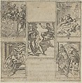 Five numbered scenes, each after a painter in the Accademia Degl'Incamminati, from IL FUNERALE D'AGOSTINO CARRACCIO FATTO IN BOLOGNA SUA PATRIA DAGL'INCAMINATI Academici del Disegno: 1. Ceres lamenting the death of Carracci before Jupiter, painted by Ippolito Ferrantini; 2. Personification of Painting entrusting Carracci's body to Fame, painted by Giovanni Battista Bertusi; 3. The Fates leading the blindfolded Carracci to the foot of Jupiter's throne, painted by Lucio Massari; 4. Three rivers representing the cities of Bologna, Rome and Parma (Reno, Tiber and Parma) with Fame at left, designed by Sebastiano Razzali and painted by Baldessare Aloisi Galanini; 5. Agostino Carracci abducted by Mars who is jealous of the artist's portrait of Adonis made for a Farnese gallery panel, painted by Giovanni Battista Busi., Guido Reni Italian, Etching