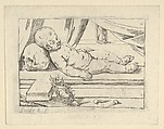 The infant Christ asleep on a cross, his head resting on a skull, a crown of thorns and nails in the foreground, Anonymous, Italian, 17th century  Italian, Etching