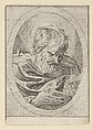 An apostle resting his head on his left hand and reading a book, in an oval frame, from "Christ, the Virgin, and Thirteen Apostles", Anonymous, 17th century, Etching; framing lines in pen and brown ink