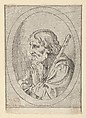 Saint Jude in prayer, seen in profile facing left with a staff resting on his shoulder, in an oval frame, from "Christ, the Virgin, and Thirteen Apostles", Anonymous, 17th century, Etching; framing lines in pen and brown ink