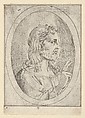 Christ seen in profile facing right, making the sign of blessing with his right hand, in an oval frame, from "Christ, the Virgin, and Thirteen Apostles", Anonymous, 17th century, Etching; framing lines in pen and brown ink