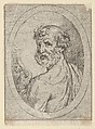Saint Peter seen from behind, turning to face outwards and holding a key, in an oval frame, from "Christ, the Virgin, and Thirteen Apostles", Anonymous, 17th century, Etching; framing lines in pen and brown ink