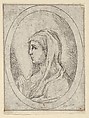 The Virgin in prayer, seen in profile facing left, in an oval frame, from "Christ, the Virgin, and Thirteen Apostles", Anonymous, 17th century, Etching; framing lines in pen and brown ink