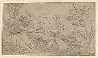 Saint Jerome seated on rocks and reading a book, a cross and a skull at left, Anonymous, Etching