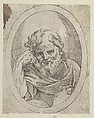 An apostle resting his head on his right hand and holding a book, in an oval frame, from "Christ, the Virgin, and Thirteen Apostles", Anonymous, 17th century, Etching