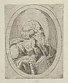 An apostle seen in profile facing right, holding an open book, in an oval frame, from "Christ, the Virgin, and Thirteen Apostles", Anonymous, 17th century, Etching