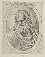 An apostle with a long beard looking down at an open book, in an oval frame, from "Christ, the Virgin, and Thirteen Apostles", Anonymous, 17th century, Etching