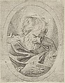 An apostle resting his head on his left hand and reading a book, in an oval frame, from "Christ, the Virgin, and Thirteen Apostles", Anonymous, 17th century, Etching