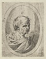 An apostle seen from behind and turning to the right, holding an open book, in an oval frame, from "Christ, the Virgin, and Thirteen Apostles", Anonymous, 17th century, Etching