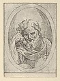 An apostle resting his head on his right hand and holding a book, in an oval frame, from "Christ, the Virgin, and Thirteen Apostles", Anonymous, 17th century, Etching; framing lines in pen and brown ink