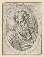 An apostle with a long beard looking down at an open book, in an oval frame, from "Christ, the Virgin, and Thirteen Apostles", Anonymous, 17th century, Etching; framing lines in pen and brown ink