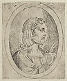 Christ seen in profile facing right, making the sign of blessing with his right hand, in an oval frame, from "Christ, the Virgin, and Thirteen Apostles", Anonymous, 17th century, Etching