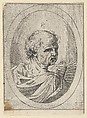 An apostle seen from behind and turning to the right, holding an open book, in an oval frame, from "Christ, the Virgin, and Thirteen Apostles", Anonymous, 17th century, Etching; framing lines in pen and brown ink