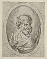 Saint Simon seen from behind, turning to the right and holding a saw, in an oval frame, from "Christ, the Virgin, and Thirteen Apostles", Anonymous, 17th century, Etching