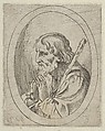 Saint Jude in prayer, seen in profile facing left with a staff resting on his shoulder, in an oval frame, from "Christ, the Virgin, and Thirteen Apostles", Anonymous, 17th century, Etching