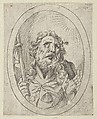 Saint James Major, looking upwards and holding a staff, from "Christ, the Virgin, and Thirteen Apostles", Anonymous, 17th century, Etching