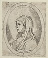 The Virgin in prayer, seen in profile facing left, in an oval frame, from "Christ, the Virgin, and Thirteen Apostles", Anonymous, 17th century, Etching