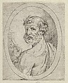 Saint Peter seen from behind, turning to face outwards and holding a key, in an oval frame, from "Christ, the Virgin, and Thirteen Apostles", Anonymous, 17th century, Etching