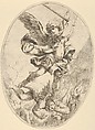 The winged archangel Saint Michael holding a sword and standing on the head of the devil, who descends into hell, an oval composition, Anonymous, 17th century, Etching