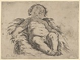 Sleeping child, partly in shadow, Anonymous, 17th century, Etching