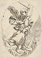 The winged archangel Saint Michael holding a sword and standing on the head of the devil, who descends into hell, an oval composition, Anonymous, 17th century, Etching