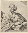 A man holding a book, about to write in it, looking upwards to the left, Anonymous, Etching