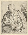 Old man seated and writing in a book, an angel at right looking over his shoulder, Anonymous, Etching