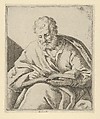 An old man seated and writing in a book (an evangelist?), Anonymous, Etching