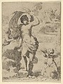Venus stepping out of the sea, holding a billowing drapery in her left hand, Cupid at right offering pearls while riding a dolphin and a putto at left offering flowers, another in the clouds, Anonymous, Etching