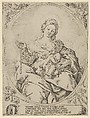 The Virgin seated holding a rosary in her right hand, the infant Christ on her lap holding several rosaries, in an oval frame with flowers surrounding it and a tablet with inscription at the base, Anonymous, Etching