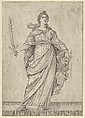 Judith standing on a ledge holding the head of Holofernes in her left hand and a sword in her right, Anonymous, Etching