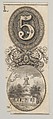 Banknote motifs: the number 5 and a building topped with a cupola, Asher Brown Durand American, Engraving and etching; proof