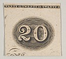 Banknote motif: the number 20 against an ornamental lathe work oval resembling woven rope, Cyrus Durand  American, Engraving; proof