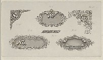 Banknote motifs: six small lathe work designs for corners, frames and numbers, Cyrus Durand American, Engraving; proof