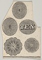 Banknote motif: Five oval or circular ornamental lathe work designs, one containing the word ten, Cyrus Durand American, Engraving; proof