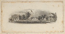 Banknote vignette showing city buildings around a fenced-in green with children playing around an American flag, Asher Brown Durand  American, Engraving and etching; proof