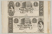 Proofs of Bank of New York One Dollar Bill and Two Dollar Bill, Asher Brown Durand American, Engraving; proof