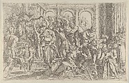 Saint Roch at left distributing alms to a group of people gathered around him, after Annibale Caracci, Francesco Brizio  Italian, Etching