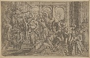 Saint Roch at left distributing alms to a group of people gathered around him, after Annibale Caracci, Francesco Brizio  Italian, Etching