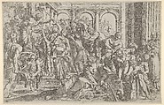 Saint Roch at left distributing alms to a group of people gathered around him, Francesco Brizio  Italian, Etching
