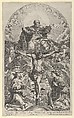 The Holy Trinity; Christ on the cross flanked by two angels, the Holy Spirit as a dove and God in heaven above the cross, a rectangular composition with half-circle at the top, after Reni, Robert van Audenaerde  Flemish, Etching