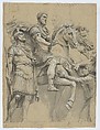 Marcus Aurelius on Horseback (recto); Study of an Antique Vase (verso), Anonymous, German, 17th century, Brush and two hues of gray ink, heightened with white gouache, on buff paper