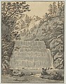 A Waterfall in Switzerland (near Lausanne?) with a Resting Wayfarer, Jan Hackaert  Dutch, Pen and brown ink, brush and gray ink; framing line in pen and brown ink, probably by the artist