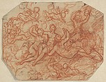 Four (?) Nude Women in the Clouds Surrounded by Putti, Benoît Le Coffre Danish, Red chalk; incised for transfer; framing line in red chalk, by the artist; verso blackened with chalk